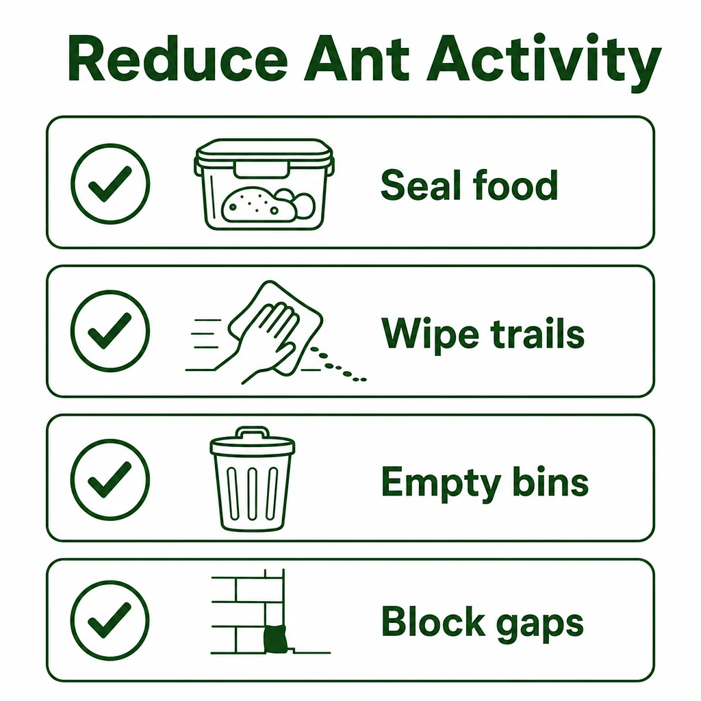 Checklist showing ways to reduce ant activity before pest control help arrives.