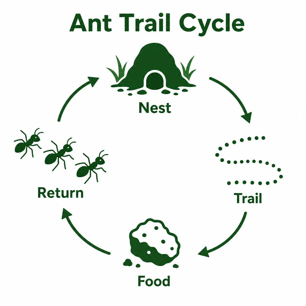 Diagram showing ants following a trail between nest and food.