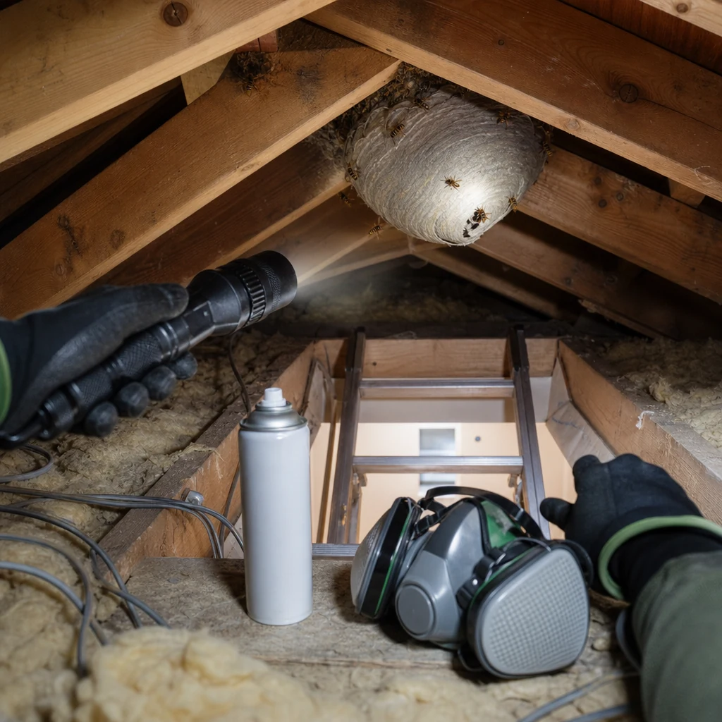 Gloved hands near a wasp nest in a cramped loft showing DIY treatment risk