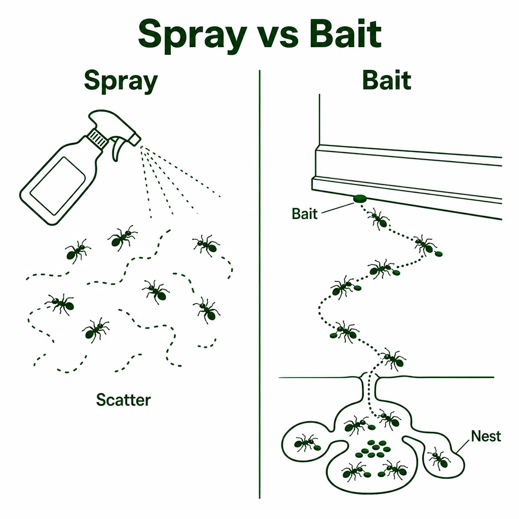 Graphic comparing ant spray scattering trails with bait reaching the nest.