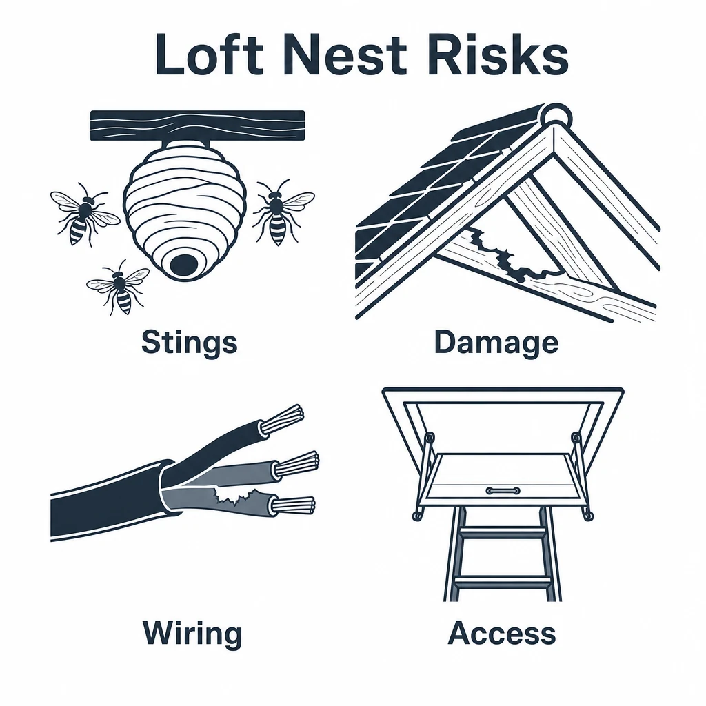 Graphic showing risks from a wasp nest in a loft