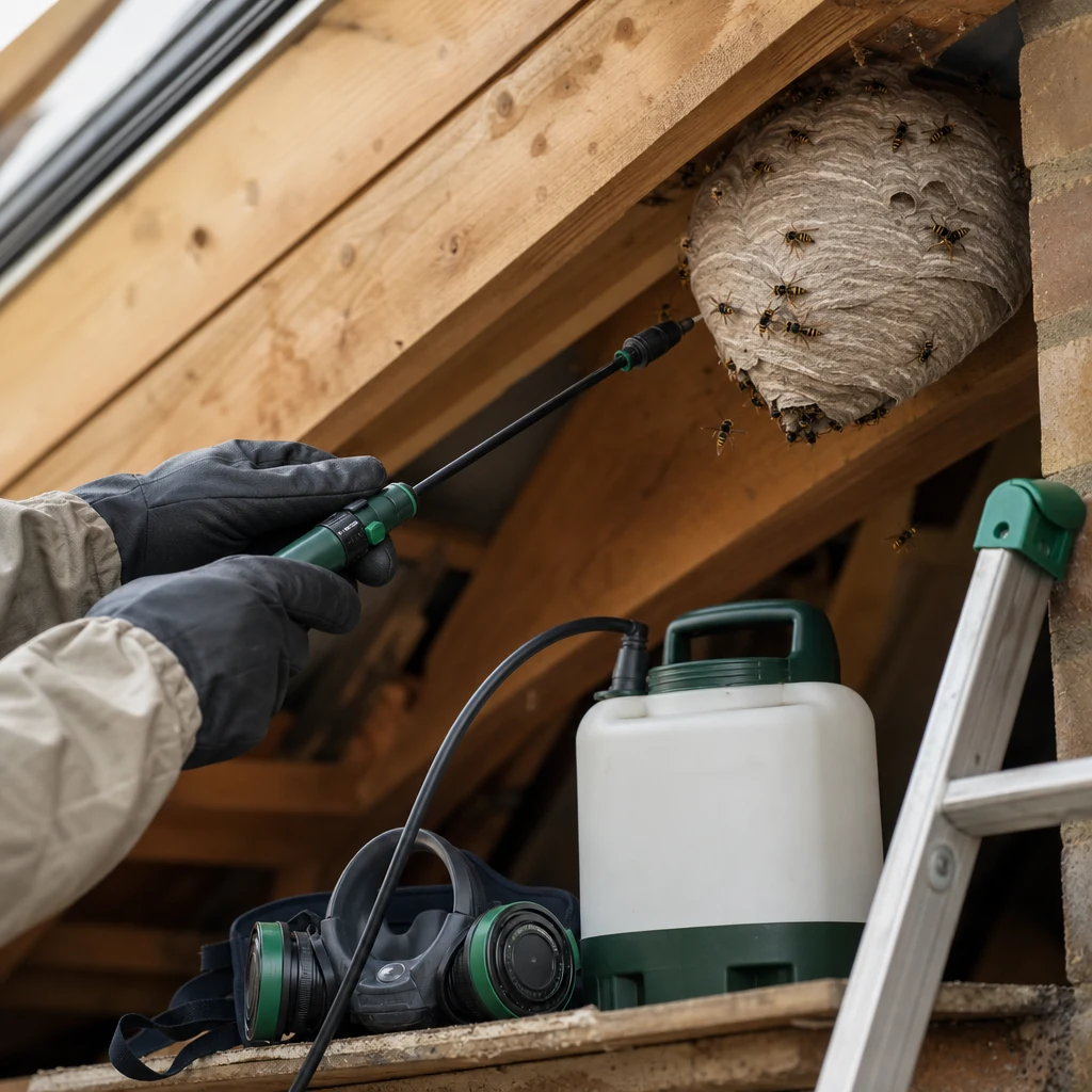 Professional wasp nest treatment equipment being used in a loft